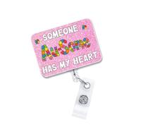 Someone Au,Some Has My Heart Retractable Badge Reel, Cute Pink Glitter Id Badge Holder with Swivel Alligator Clip, Decorative Autism Awareness Name Tag Reel for Teachers, Therapists, School Staff
