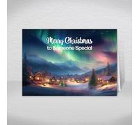 Someone Special Christmas Card - Snowy Village Design, A5 | Snowy Christmas village beneath the Northern Lights design. Also for Partner
