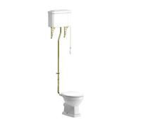 Somerton White Open Back Toilet Set With Soft Close Seat & High Level Cistern - Brass Effect Flush Kit