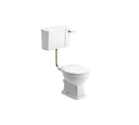 Somerton White Open Back Toilet Set With Soft Close Seat & Low Level Cistern - Brass Effect Flush Kit