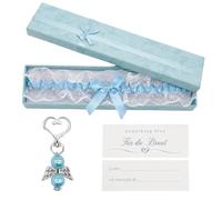 Something Blue for The Bride with Garter, Wedding Gift Keychain, Card & Box | Metal Keychain with Blue Pearl Angel, Garters for Brides, Wedding Gifts for Bridal Showers, Hen Party and Engagement Party