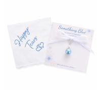 Something Blue Gift Set for Bride - White Blue Pearls Charm & Happy Tears Embroidered Handkerchief Keepsake, Bachelorette Party Bridal Shower Accessory, Elegant Wedding Handkerchief Pearl Jewelry