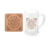 something different Glass Beer Tankard, 500ml, Clear, Vegvisir Compass Design, Viking Theme, Drinking, Gift, with Cork Coaster