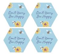 Something Different MM_00823 Don't Worry Happy Coaster Set-Charming Bee & Flower Design, MDF