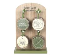 Something Different Set Of 16 Happy Camper Wood Slice Signs On Display