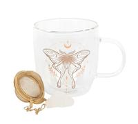 Something Different Wholesale Double-Walled Glass Tea Mug with Luna Moth Design & Clear Quartz Crystal Infuser - Insulated, Ideal for Loose Leaf Tea, Enhances Flavor & Promotes Relaxation