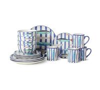 Something Fishy 16-Piece Ceramic DINNERWARE Set,Service for 4, Coastal Blue Striped Plates, Mugs and Bowls with Artist-Designed Fish Artwork for Beach House Dining and Entertaining