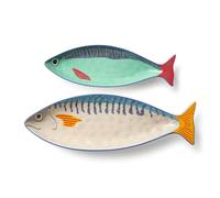 Something Fishy Porcelain 3-D Fish Platter 2 Pc. Set-Sculpted Coastal Serving platters with Bold Striped Fish Design, Ideal for appetizers, Seafood Spreads, Summer Dining