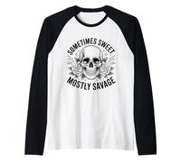 Sometimes Sweet Mostly Savage Retro Rose and Skull Design Raglan Baseball Tee