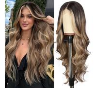 SOMIARIK 13x4 Honey Brown with Roots Lace Front Wig Brown Highlight Blonde with Dark Roots Synthetic Wigs for Women Pre plucked with Baby Hair Heat Resistant Hair Cosplay Daily Party 26 Inch
