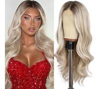 SOMIARIK 13x4 Lace Front Short Wavy Blonde with Drown Roots Wigs Synthetic Lace Front Blonde Wigs Pre Plucked with Baby Hair Natural Looking 150% Density Heat Resistant Party Date Daily Wear 22 Inch