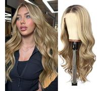 SOMIARIK 13x4 Lace Front Short Wavy Dark Blonde With Dark Roots Wigs Balayage Synthetic Lace Front Wigs Pre Plucked with Baby Hair 150% Density Party Date Daily Wear 22 Inch