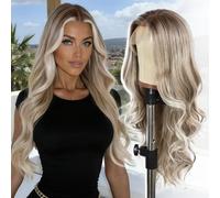 SOMIARIK 13x4 Lace Front Synthetic Wig Long Brown Wavy Lace Front Wig Grey with Blonde Tips Pre Plucked wih Baby Hair Around Natural Looking Heat Resistant for Daily Party Use 26 Inch