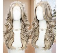 SOMIARIK 13x4 Layered Lace Front Wig, Highlight Blonde Synthetic Lace Front Wig Balayage Layered Wig with Curtain Bangs Natural Looking Body Wave for Daily Party Use 22 Inch