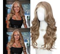 SOMIARIK 13x4 Layered Wavy Lace Front Wigs, Light Brown Synthetic Lace Front Wig with Curtain Bangs Balayage Pre-plucked Short Wavy Wig 150% Density Heat Resistant 22 Inch