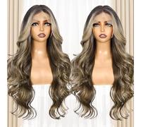 SOMIARIK 13x4 long wavy lace front Highlight Brown wigs Synthetic Lace front Wigs for Women Middle Part Pre plucked with Hairline Heat Resistant Hair Daily Party Wigs Natural Looking 26 Inch