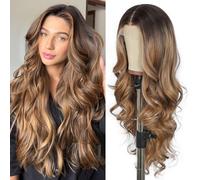 SOMIARIK 13x4 synthetic Lace Front Wavy Wigs Brown Highlights Wig Bleached Knots Pre Plucked with Baby Hair Synthetic Wig 26 Inch