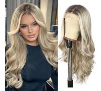 SOMIARIK 13x4 Synthetic Lace Front Wig Short Wavy Pale Blonde With Dark Roots wigs Pre Plucked with Baby Hair Natural Looking 150% Density Heat Resistant Party Date Daily Wear 22 Inch