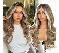 SOMIARIK Ash Blonde Lace Front Wig, 13x4 Pre Plucked Highlight Body Wave Synthetic Lace Front Wig for Women Heat Resistant Hair 22 Inch