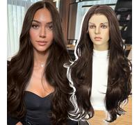 SOMIARIK Brown Long Wavy Lace Front Wig, 13x3 Synthetic Lace Front Wig for Women Pre plucked Bleached Knots With Baby Hair Heat Resistant Fiber Hair Wigs Party Daily 28 Inch