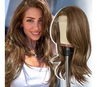 SOMIARIK Brown Synthetic Lace Front Wig, 13x4 Highlight Layered Straight Lace Front Wigs with Curtain Bangs for Women Pre plucked Natural Hairline Heat Resistant Hair 18 Inch