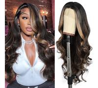 SOMIARIK Dark Brown with Blonde Tips Lace Front Wigs, 13x4 Synthetic Lace front Highlight Wigs for Women Pre plucked with Hairline Heat Resistant Hair Daily Party Natural Looking 26 Inch