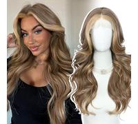SOMIARIK Layered Lace Front Wig, 13x4 Brown Synthetic Lace Front Wig with Curtain Bangs Balayage Pre-plucked Short Wavy Wig 150% Density Heat Resistant 22 Inch