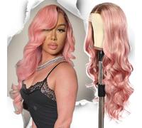 SOMIARIK Pink Lace Front Wig with Brown Roots, 13x4 Ombre Pink Synthetic Lace Front Wig Pre plucked with Natural Hairline Party Date Daily Wear Christmas Natural Looking 26 Inch