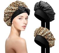 SOMLAW Pack of 2 Silk Bonnet for Sleeping, Sleep Cap, Hair Protection, Satin Hair Cap with Elastic Band, Soft Night Cap for Curly Hair, Sleep Cap Satin Bonnet for Women, Black Leopard Print, One Size