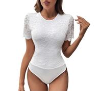 Sommer Jumpsuit Damen Luftig, Overall Damen Elegant Playsuit Lace Bodysuit Plus Size Short Sleeve Bodysuit Top Floral Crew Neck Basic Leotard (White S)