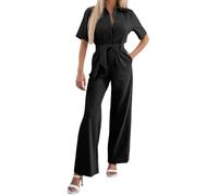 Sommer Jumpsuit Damen - Overall Damen Sommer Playsuit Womens Belted Collar Ruched Sleeve Jumpsuit (Black M)