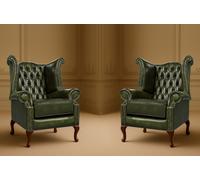 Somnior 2 Leather Chesterfield Wingback Scrolled Arm Chair Set UK Manufactured in Dark Green | Size: 1 Seater Somnior Dark Green 1 Seater