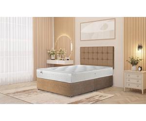 Somnior Cube Velvet Divan Bed Set with Memory Foam Mattress: Olive Beige Divan Bed Mattress /No Drawer/6FT Super King