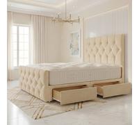 Somnior Ziggy Linen Divan Bed Mattress 4 Draw 54" Headboard & 22" Footboard in Beige | Size: Double Somnior Beige Double