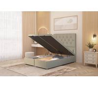 Somnior Ziggy Linen Fabric Ottoman Bed Base With Floor Standing Headboard In Beige Beige