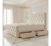 Somnior Ziggy Velvet Divan Bed Mattress 2 Draw 54" Headboard 22" Footboard in Ivory | Size: Single
