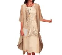 SOMOU Two-Piece Set Maxi Dress for Womens Flowy Chiffon Cardigan Wedding Guest Floral Print Midi Dresses with Lace Jacket, XX-Large, Apricot