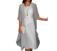 SOMOU Two-Piece Set Maxi Dress for Womens Flowy Chiffon Cardigan Wedding Guest Floral Print Midi Dresses with Lace Jacket, X-Large, Grey, Grey, XL