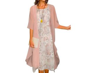 SOMOU Two-Piece Set Maxi Dress for Womens Flowy Chiffon Cardigan Wedding Guest Floral Print Midi Dresses with Lace Jacket, XX-Large, Light Pink, Light Pink, XXL