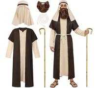 SOMSOC 5 Pack Men's Saint Joseph Costume Adult Biblical Shepherd Robe Outfit with Beard, Headpiece & Staff for Nativity Play