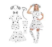 SOMSOC 6 Pieces Halloween Women Dalmatian Costume, Dalmatian Shirt Headband Tail Bowtie Sock Tutu Skirt for Adult