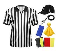 SOMSOC 6 Pieces Men's Official Referee Costume Set Official Umpire Jersey Black and White Stripe Collar Referee Shirt Cards Hat Whistle Penalty Flag Sandbag Rugby Referee Necessities