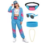 SOMSOC 7 Pieces 80s Tracksuit for Women 90s Windbreaker Sweatpants Outfit Color Block Jacket with Fanny Pack Accessories