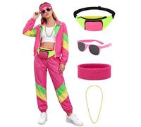 SOMSOC 7 Pieces 80s Tracksuit for Women 90s Windbreaker Sweatpants Outfit Color Block Jacket with Fanny Pack Accessories, Hot Pink, Small