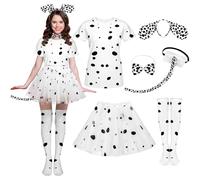 SOMSOC Dalmatian Costume, 6 Pieces Halloween Costume, Dalmatian Shirt, Headband, Tail, Bow Tie, Sock, Tutu, Skirt for Adults, Black and White, XL