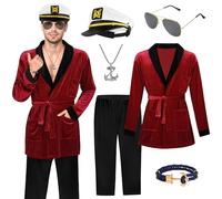 SOMSOC Halloween Red Silk Robe Jacket Sailor Costume Set with Captain Hat Accessories Black Pants with Toy Pipe, Red, Large