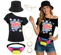 SOMSOC Women 90s Costume Set with Top Bucket Hat Glasses Chain Earrings Bag Rapper Accessories for Retro Disco Cosplay Party, Black, XL