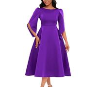 SOMTHRON Women's Elegant 3/4 Petal Sleeve Long Maxi Dress Crewneck A-Line Pleated Swing Formal Cocktail Party Dress, Purple, S