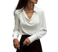 SOMTHRON Women's Elegant Satin Silk Blouse Cowl Neck Ruched Front Draped Long Sleeve Work Office Shirt Top, White, S