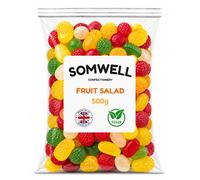Somwell - Vegan Fruit Salad 500g - Chewy Fruit Flavoured Gummies - Classic Traditional British Sweets - Halal Candy - Retro Fruity Treats for Pick & Mix & Parties - Bulk Bag - Resealable Pouch